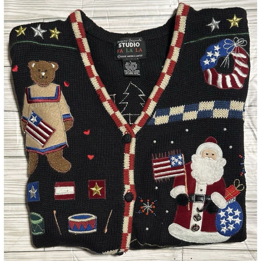 Designers‎ Original Studio Women Black Button Sweater Vest Patriotic Santa Large